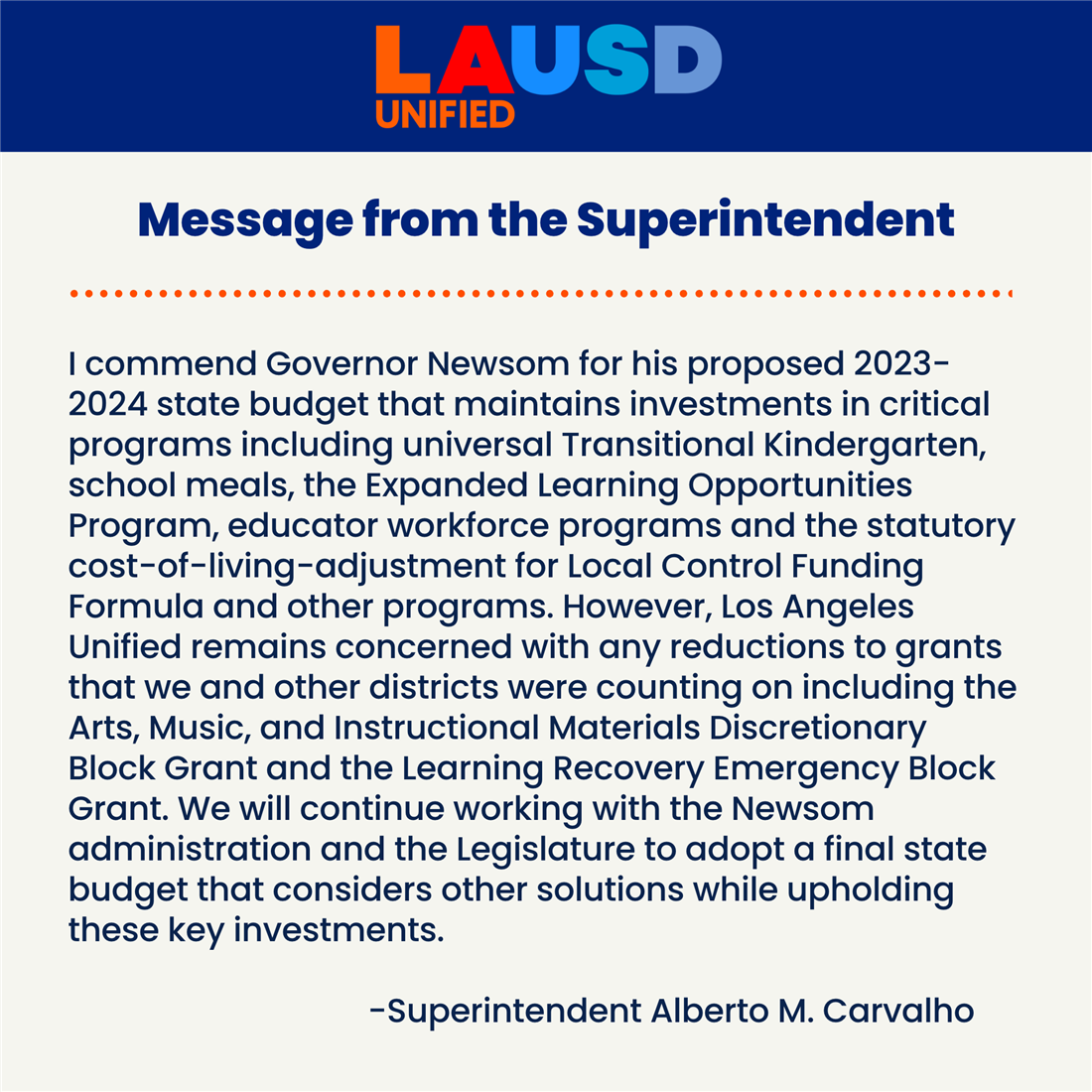 Message from the Superintendent